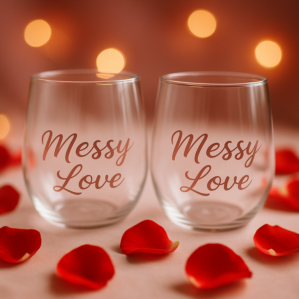 Two clear glasses with 'Messy Love' text surrounded by red rose petals on a warm-toned background.