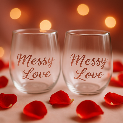 Two clear glasses with 'Messy Love' text surrounded by red rose petals on a warm-toned background.