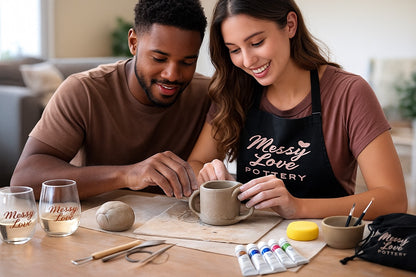 Two people at a pottery studio, one holding a mug and the other smiling.
